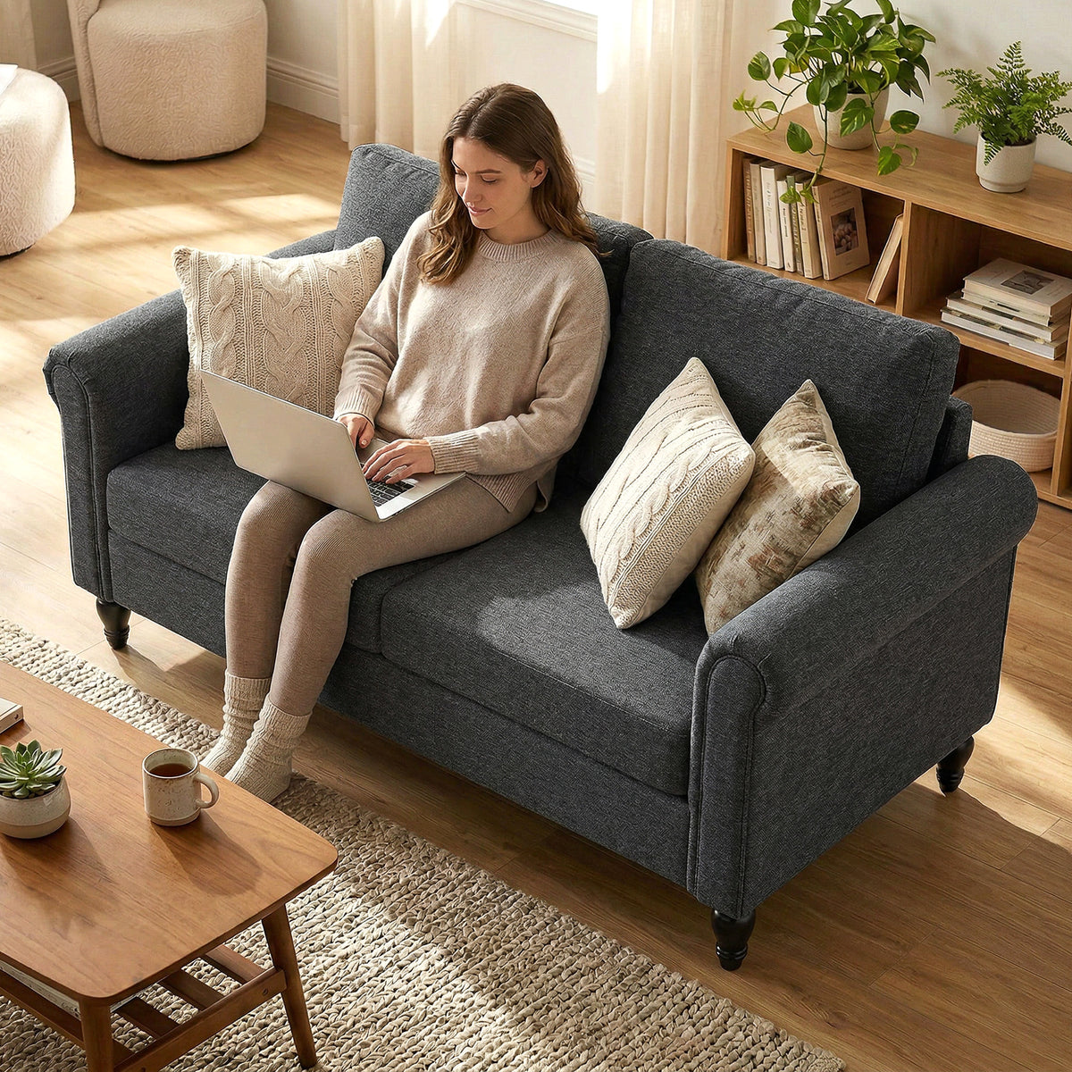 Vintage Loveseat, Upholstered Love Seat Furniture, Chenille-feel Fabric 2 Seater Sofa Couch with Rolled – view 6