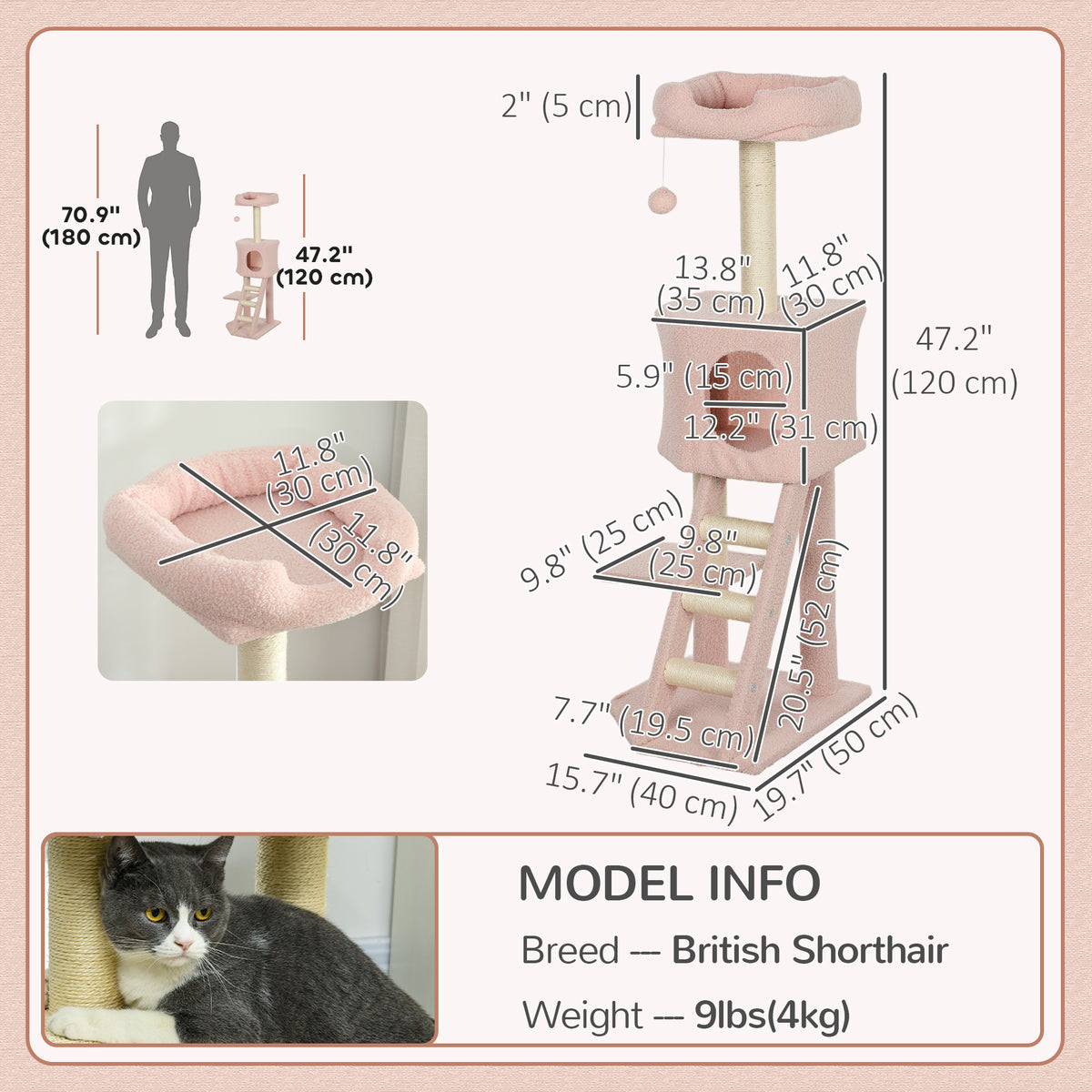 47" Tall Cat Tree Tower with Condo, Ladder, Scratching Posts and Hanging Ball, Light Grey – view 16