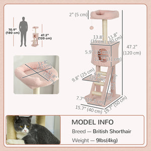 47" Tall Cat Tree Tower with Condo, Ladder, Scratching Posts and Hanging Ball, Light Grey – view 16