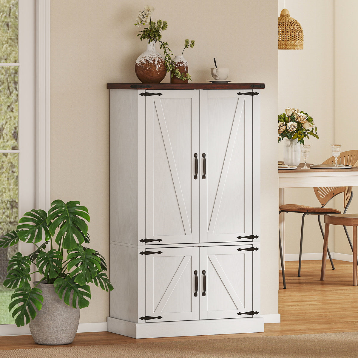 53.5" Pantry Cabinet, Kitchen Storage Cabinet with Adjustable Shelves, 6 Door Spice Racks for Dining Room, White