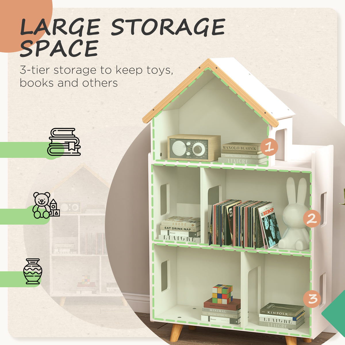 Qaba Toy Storage Organizer Cabinet, 3-Tier Kids Bookshelf for Playroom, Kids Room, Nursery, Kindergarten, White