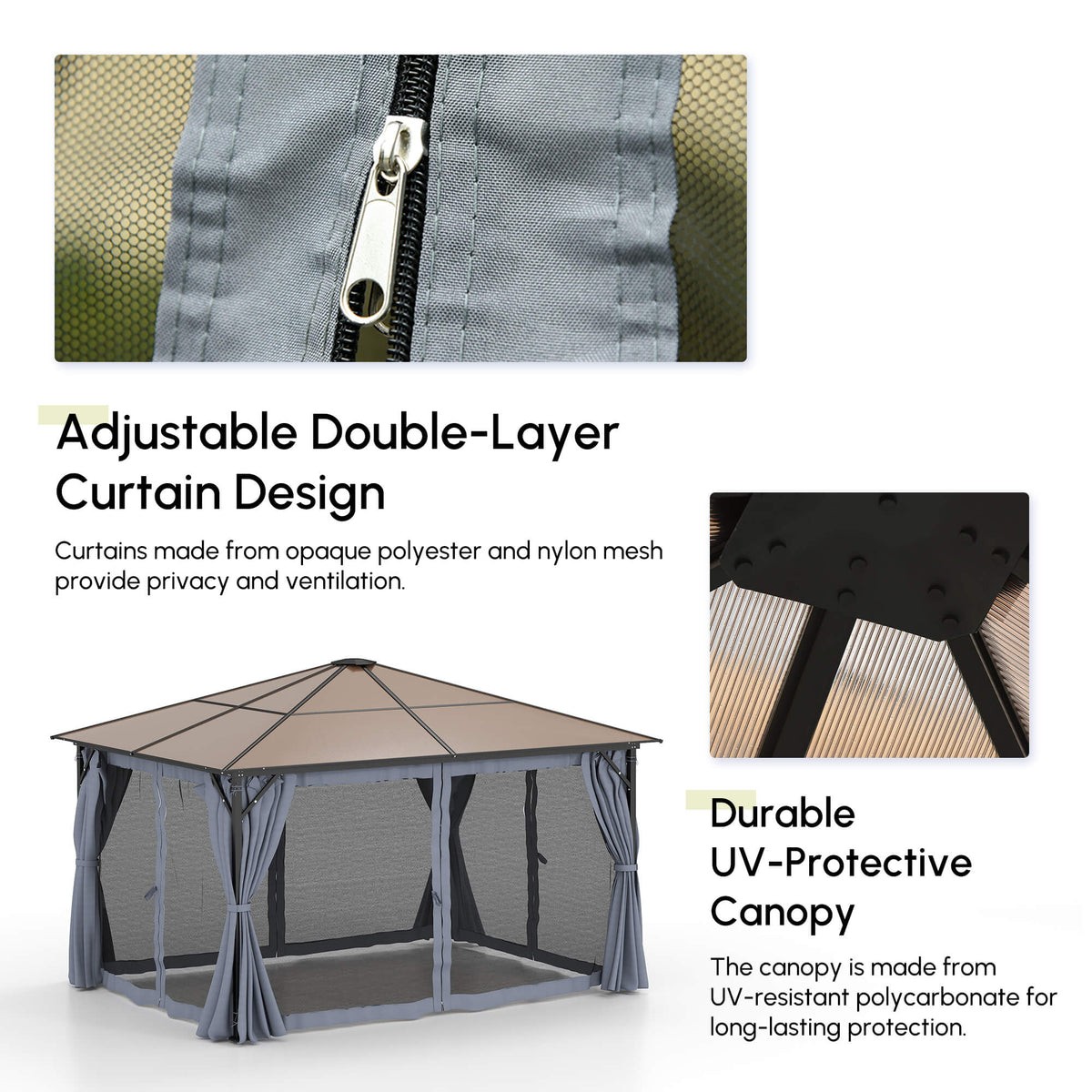 9.8' x 9.8' Garden Aluminium Gazebo Hardtop Roof Canopy Marquee Party Tent Patio Outdoor Shelter with Mesh Curtains & Side Walls, Grey