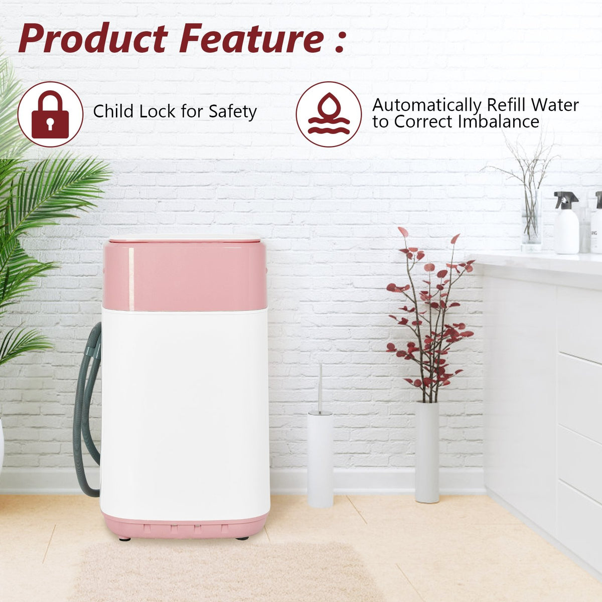 8lbs Portable Fully Automatic Washing Machine with Drain Pump-Pink view 3
