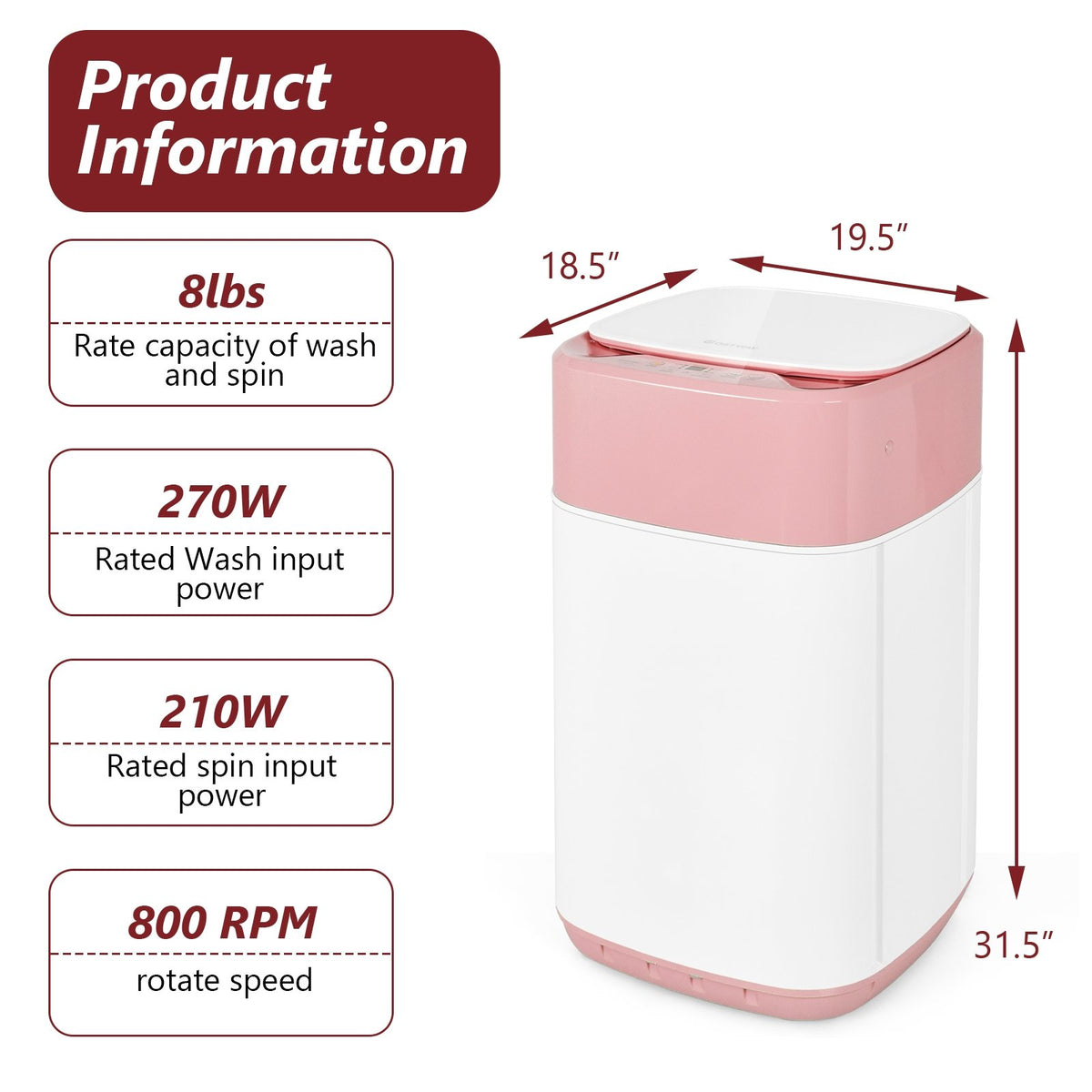 8lbs Portable Fully Automatic Washing Machine with Drain Pump-Pink view 4