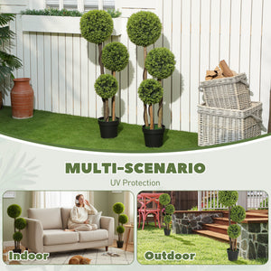 45 Inch Potted Fake Plant Set of 2, Artificial Boxwood Topiary Tree, Triple Ball Tree for Indoor and Outdoor, Green