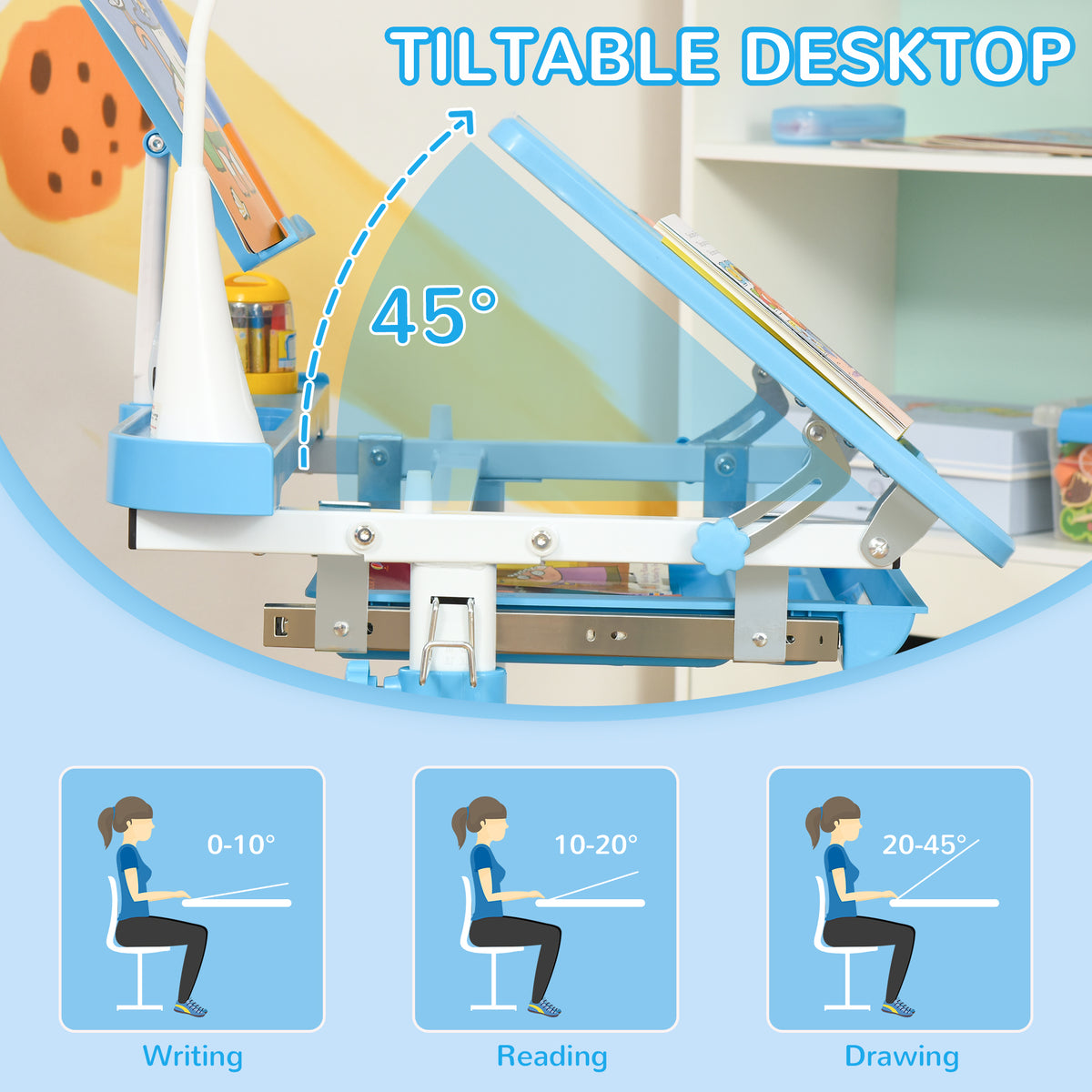 Qaba Kids Desk and Chair Set Height Adjustable Student Writing Desk Children School Study Table with Tilt Desktop