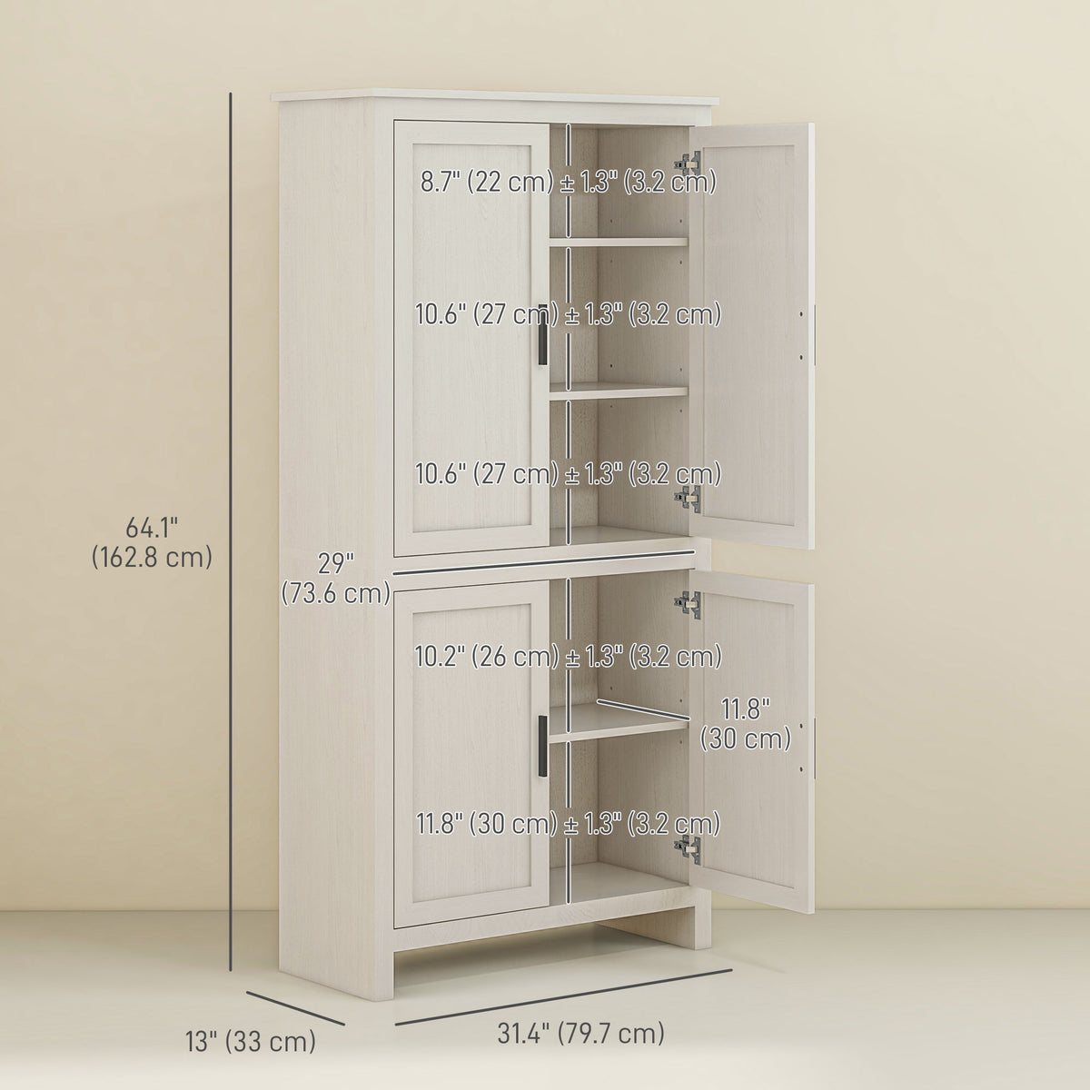 64" Kitchen Pantry Cabinet, Freestanding Storage Cabinet with 4 Doors, 3 Adjustable Shelves, Antique White