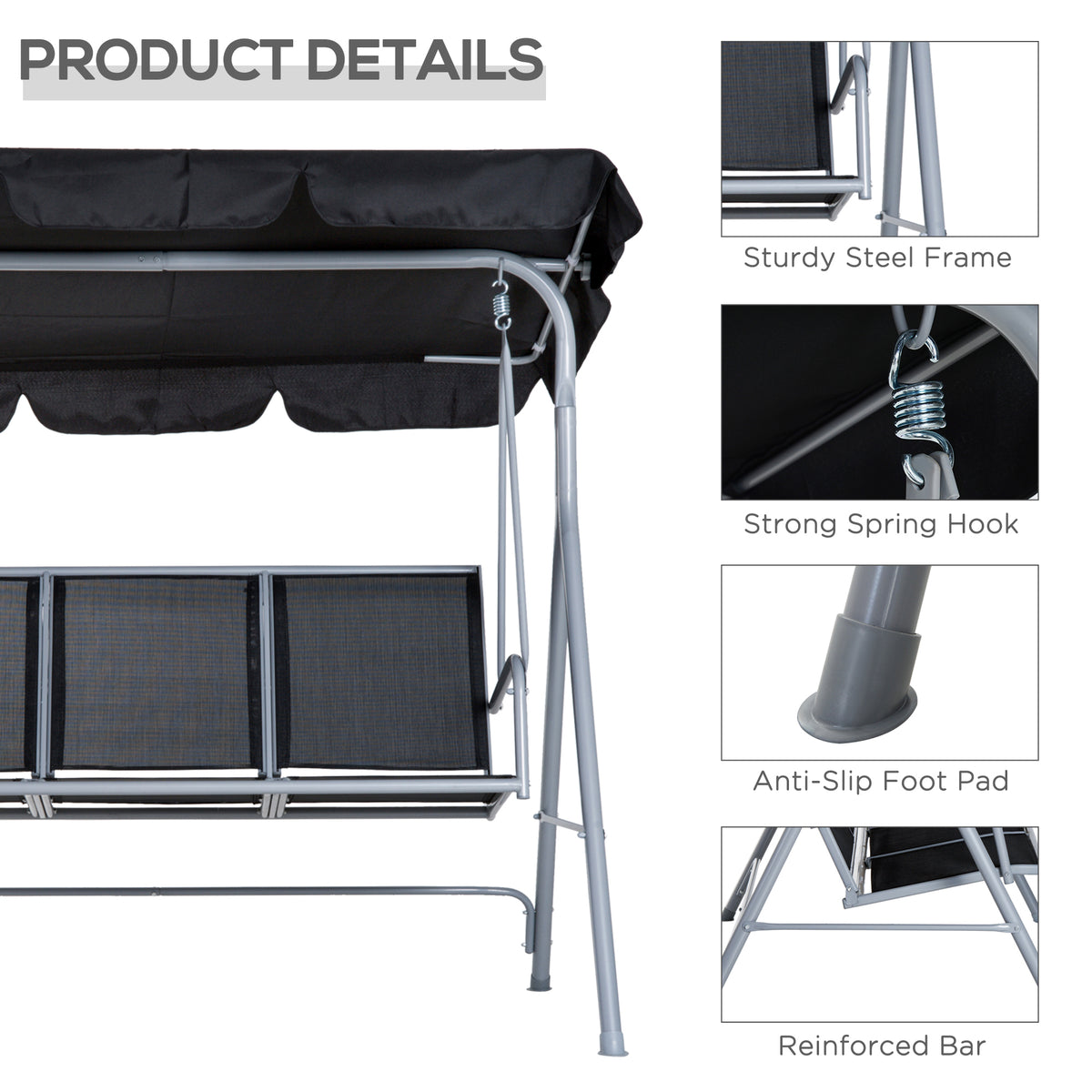 3-Seater Patio Swing, Outdoor Swing Chair, A Frame Porch Swing with Canopy Garden Hammock Glider Bed, Black – view 5