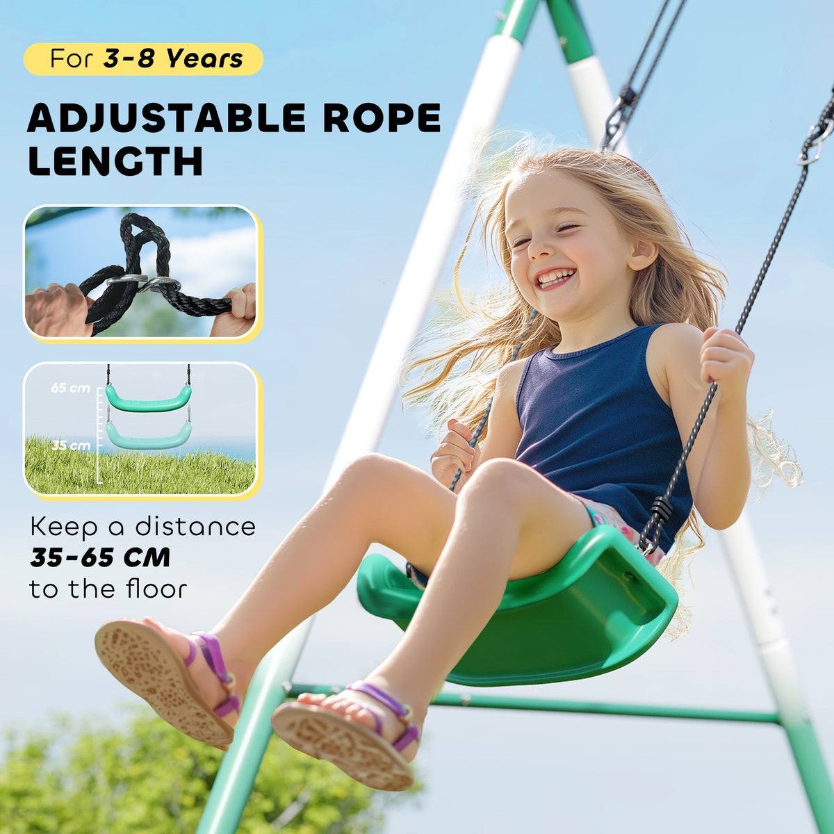 Qaba Metal Swing Set with Slide, Saucer Swing Seat, Heavy Duty A-Frame Stand and Adjustable Rope for Backyard, Dark Green