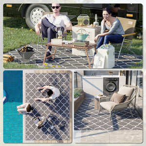 Waterproof  Outdoor Rug, 6' x 9' RV Rug Reversible Mat for Backyard, Deck, Picnic, Beach, Camping, Grey & White Net