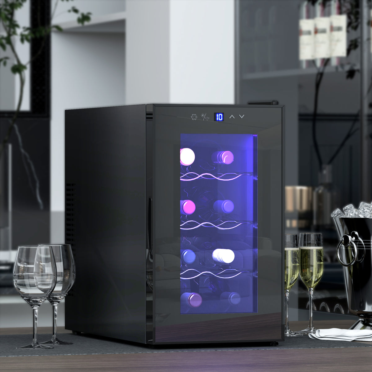 Quiet Wine Cooler Refrigerator, 8 Bottle, Beverage Wine Fridge with Glass Door, Temperature Control, for Champagne