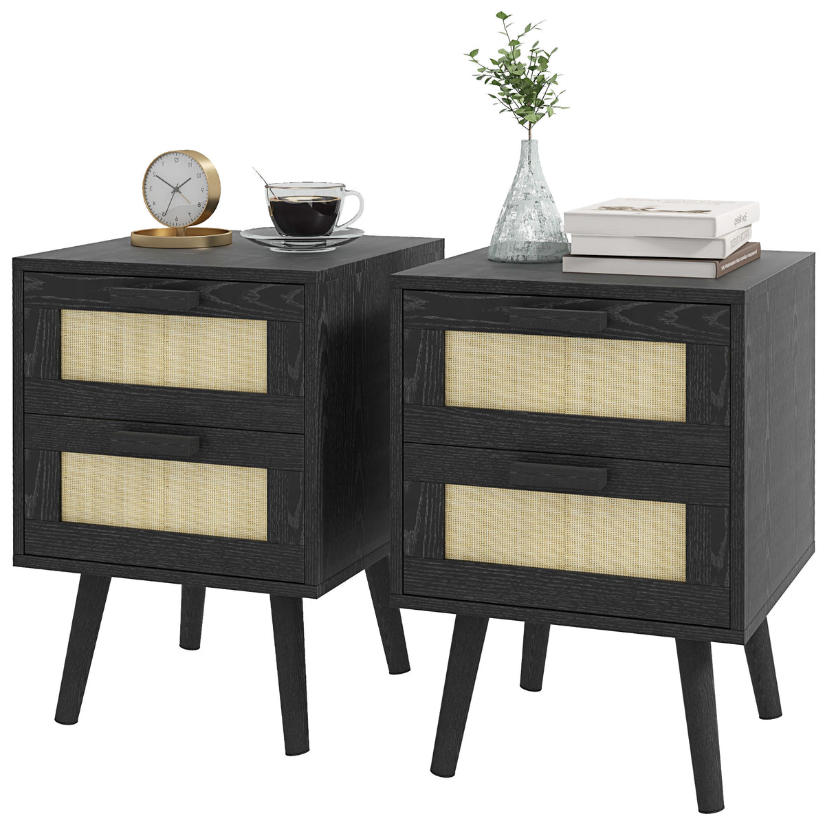Boho Design Nightstand Set of 2, Side End Table with 2 Drawers for Living Room, Bedroom