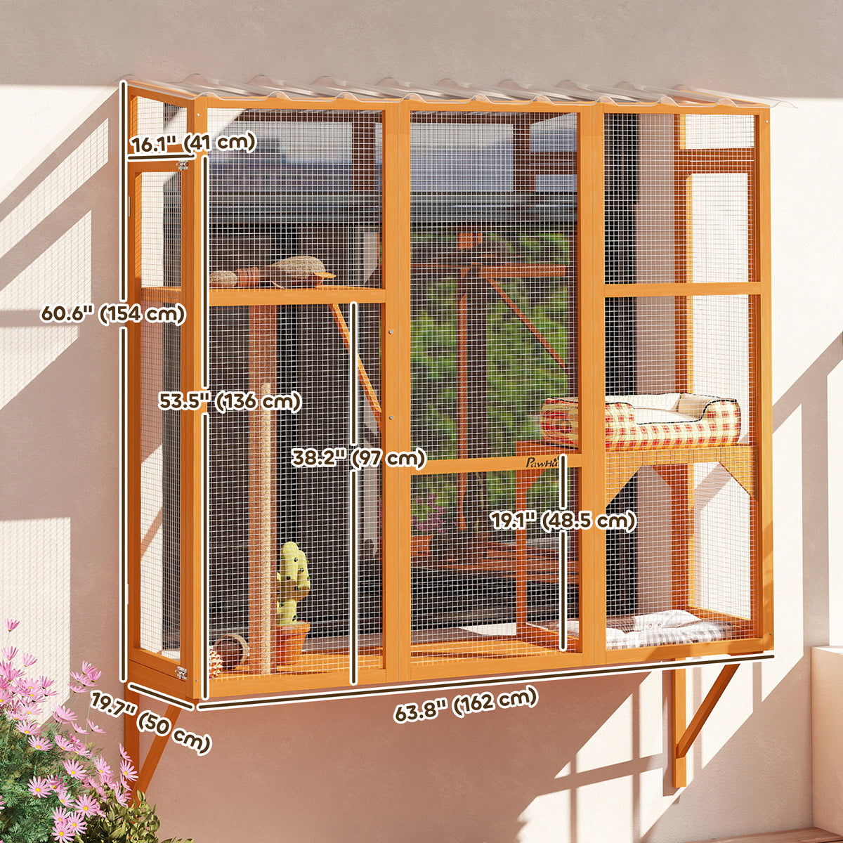 Wooden Catio Outdoor, Cat Window Box Enclosure for 2-3 Large Cats with 2 Jumping Platforms & Scratching – view 9
