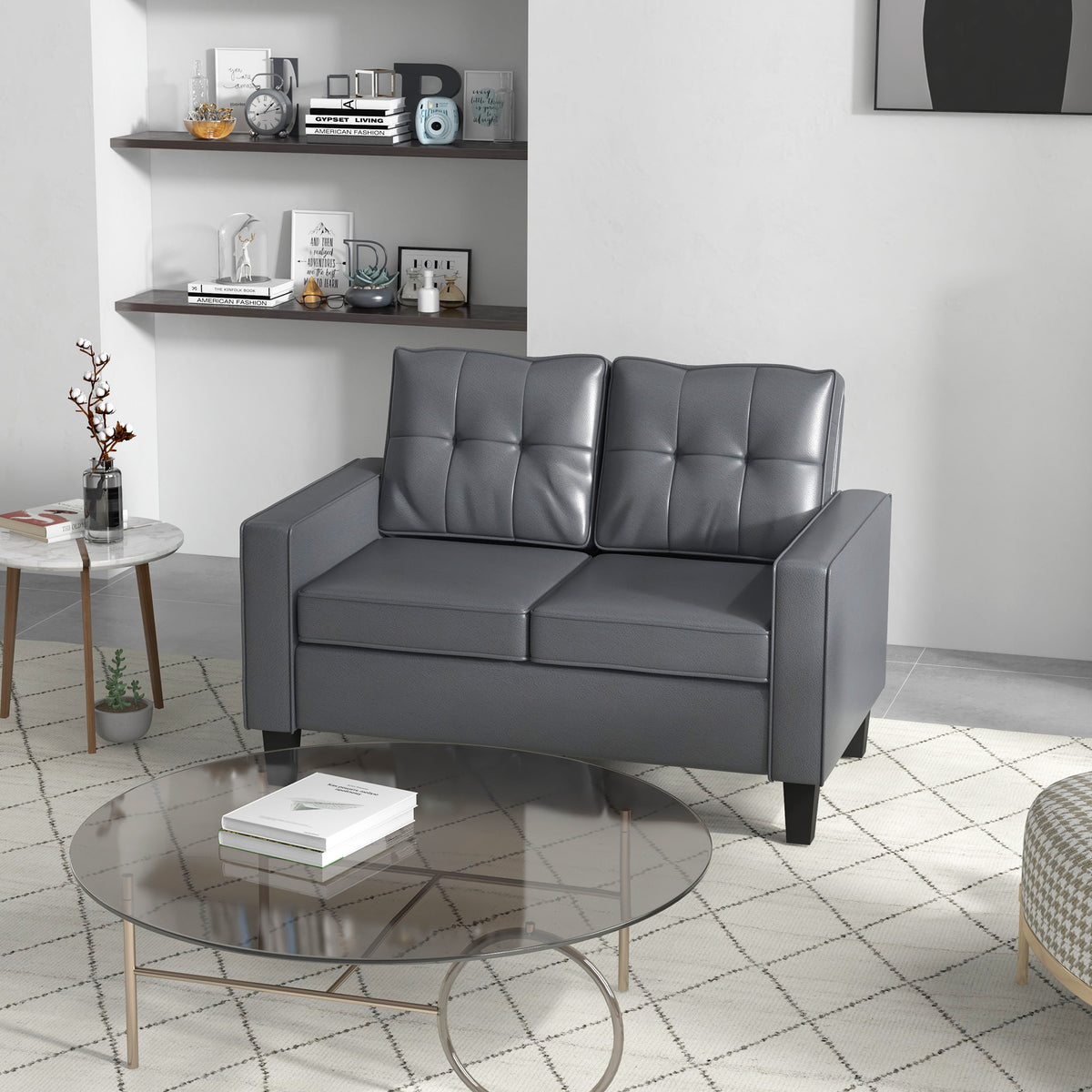 51" Double Sofa Couch, Upholstered PU Leather Loveseat with Armrests, Tufted Backrest, Cushion, Black – view 14