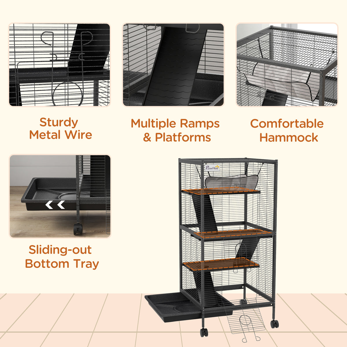 4-Tier Rolling Small Animal Cage, Deluxe Ferret Cage for Mink Chinchilla Kitten Rabbit