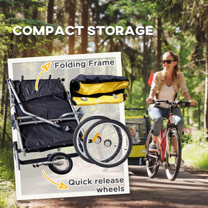 Aosom 2-in-1 Bike Trailer for Kids, Foldable 2-Seat Baby Stroller with 5-Point Harness, Rubber Wheels, Storage Bag