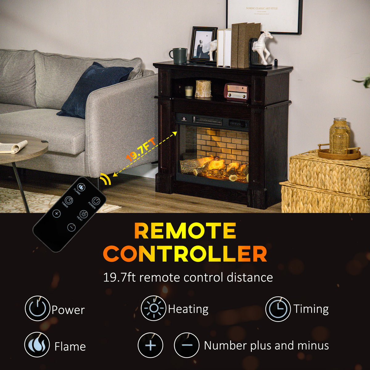 Electric Fireplace with Mantel, Freestanding Heater Corner Firebox with Remote Control, 700W/1400W, Brown – view 4