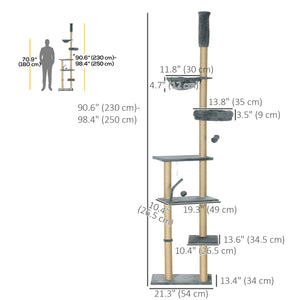 Floor to Ceiling Cat Tree, 90.5" - 98.5" Cat Tower with Scratching Post, Dangling Balls, Platforms, Bed, Hammock, Grey