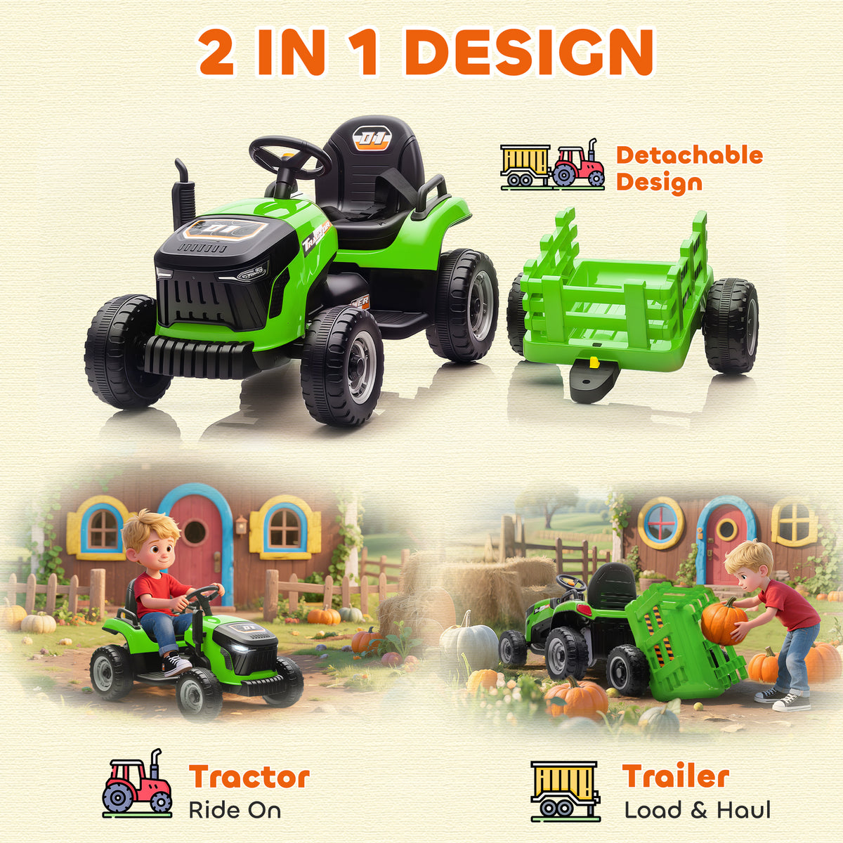 Qaba 12V Kids Ride On Tractor with Trailor, Remote Control, Music, Lights, Shifter, for Kids Ages 3-8 Years
