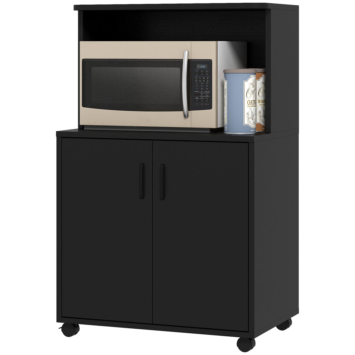 Microwave Cart on Wheels Utility Trolley Storage Sideboard Bookcase with 2-door Cabinet, Grey Wood Grain