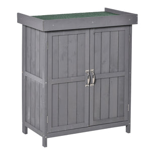 Wooden Garden Tool Storage Shed Kit with Hinged Roof, 2-Tier Shelves and Double Doors, 74x43x88cm, Dark Grey