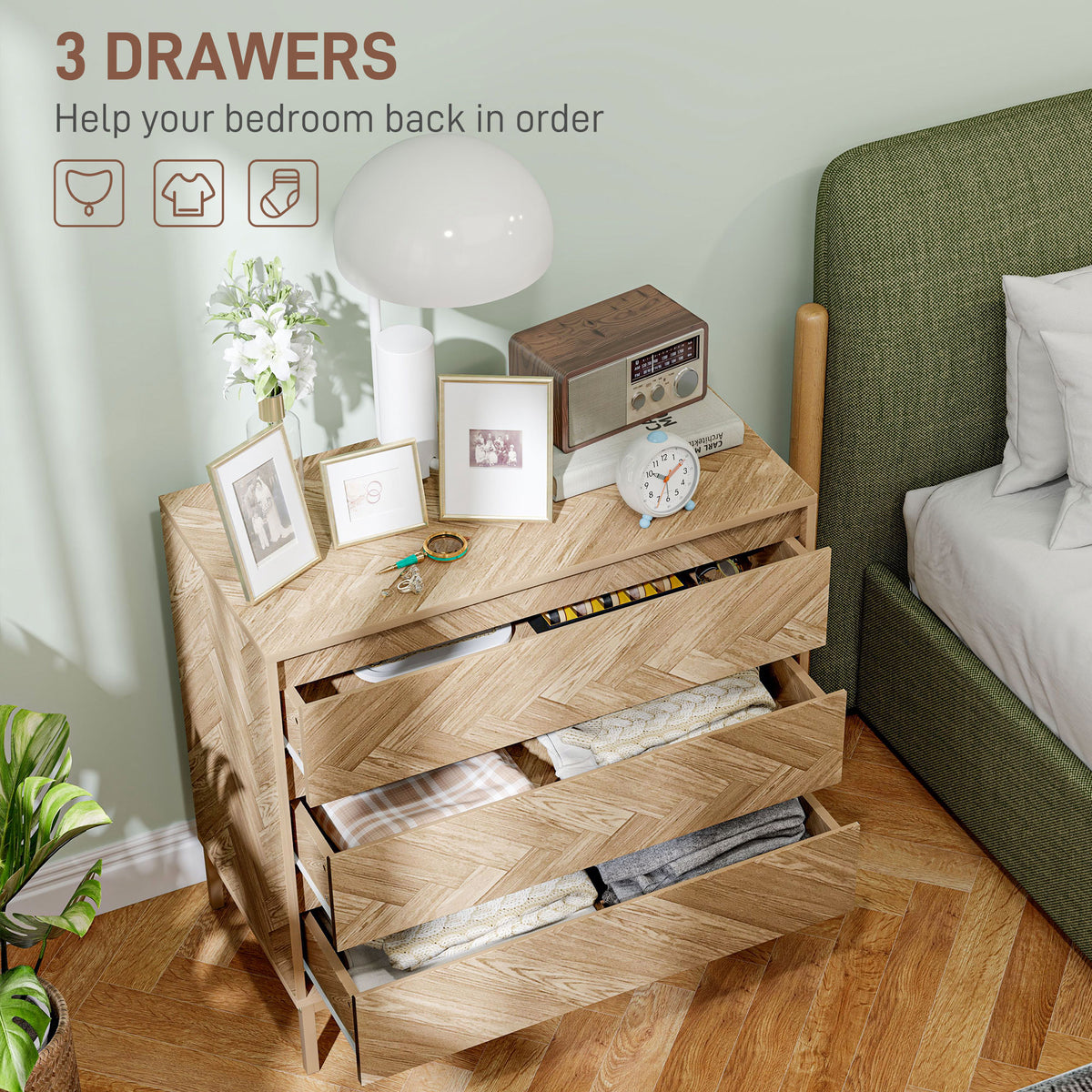 Bedroom Chest of Drawers with Anti-tipping Design, Storage Cabinet with 3 Drawers for Living Room, Hallway, Nature Wood