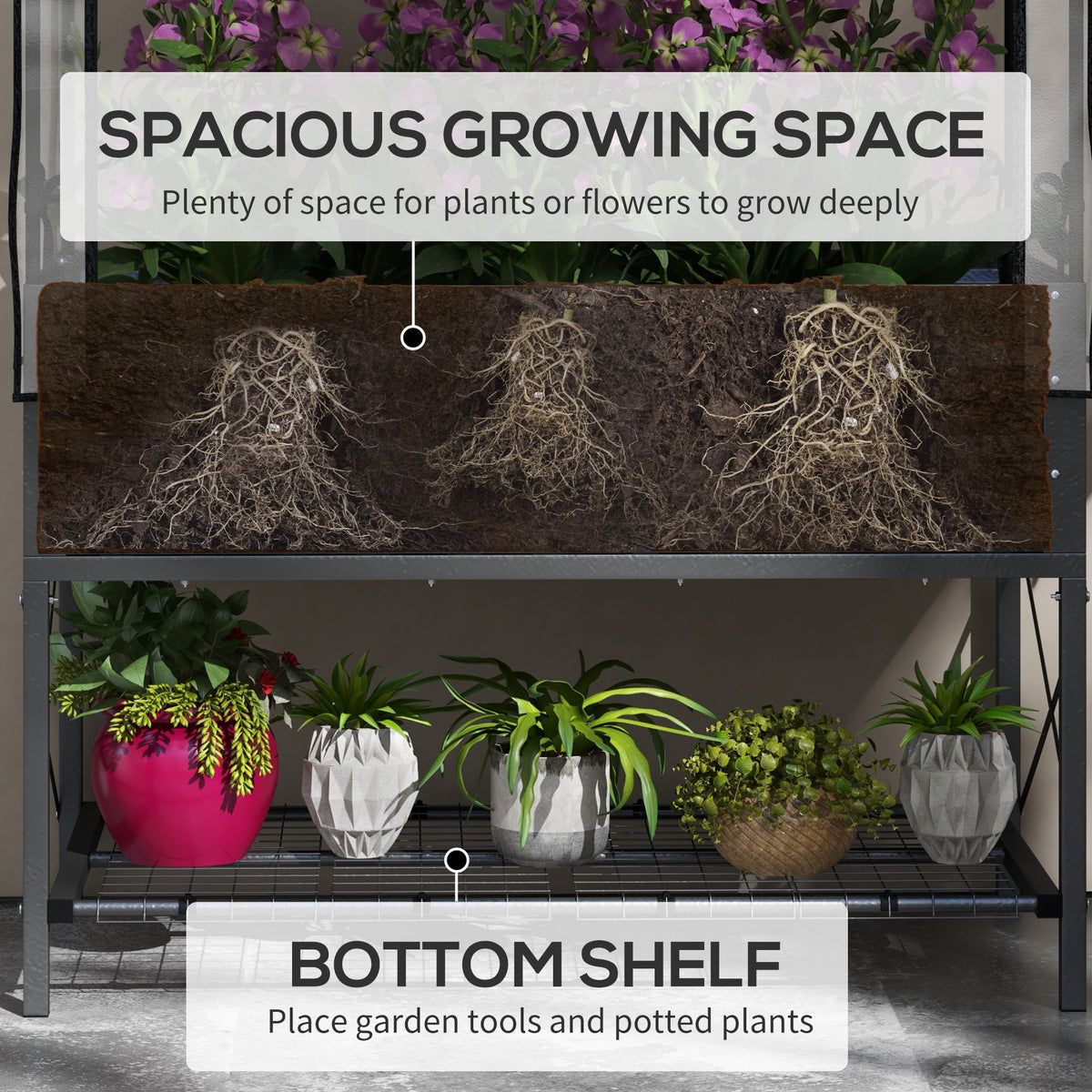 Raised Garden Bed with Cover, Metal Elevated Planter Box with Bottom Shelf and Liner, Black – view 4