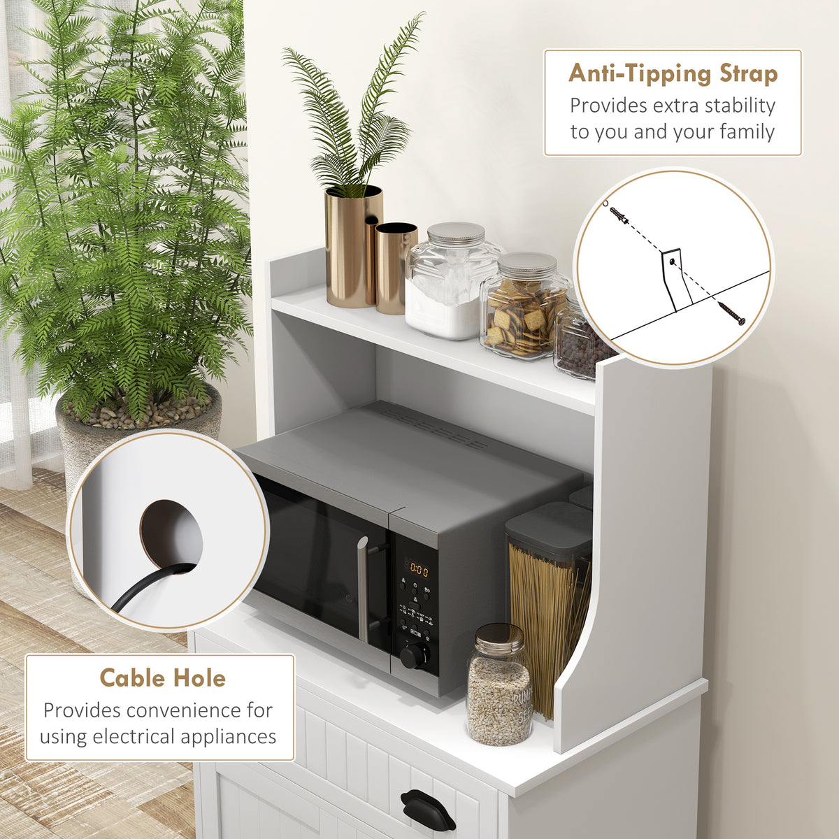 Microwave Cabinet, Kitchen Storage Cabinet with Drawer and Adjustable Shelf, White
