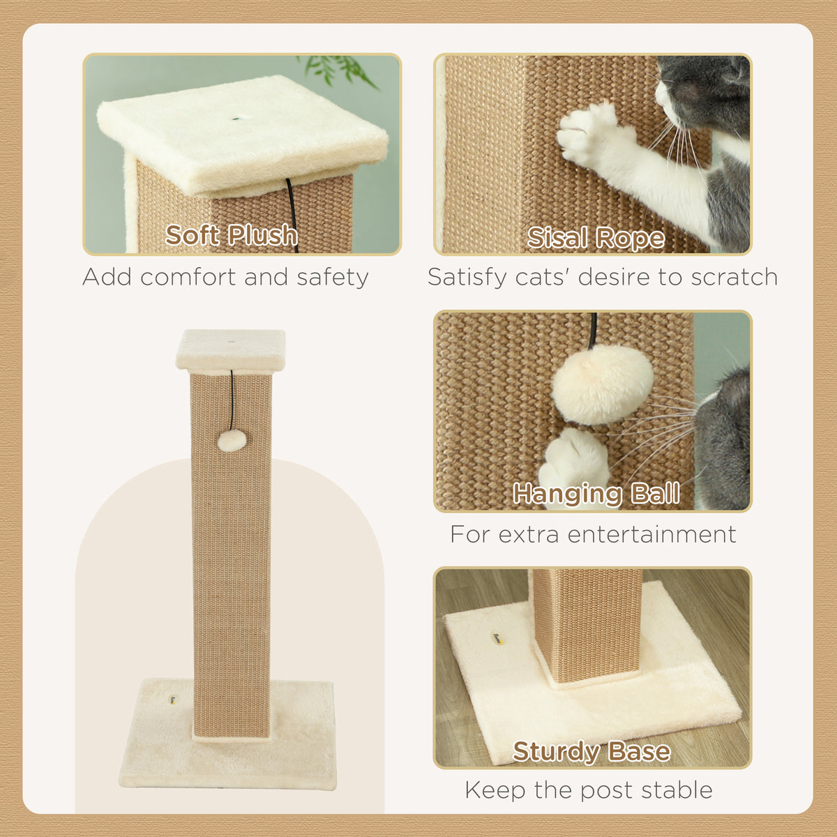 32" Tall Cat Scratching Post for Indoor Cats and Kittens, Sisal Cat Scratcher with Hanging Ball Soft Plush – view 4