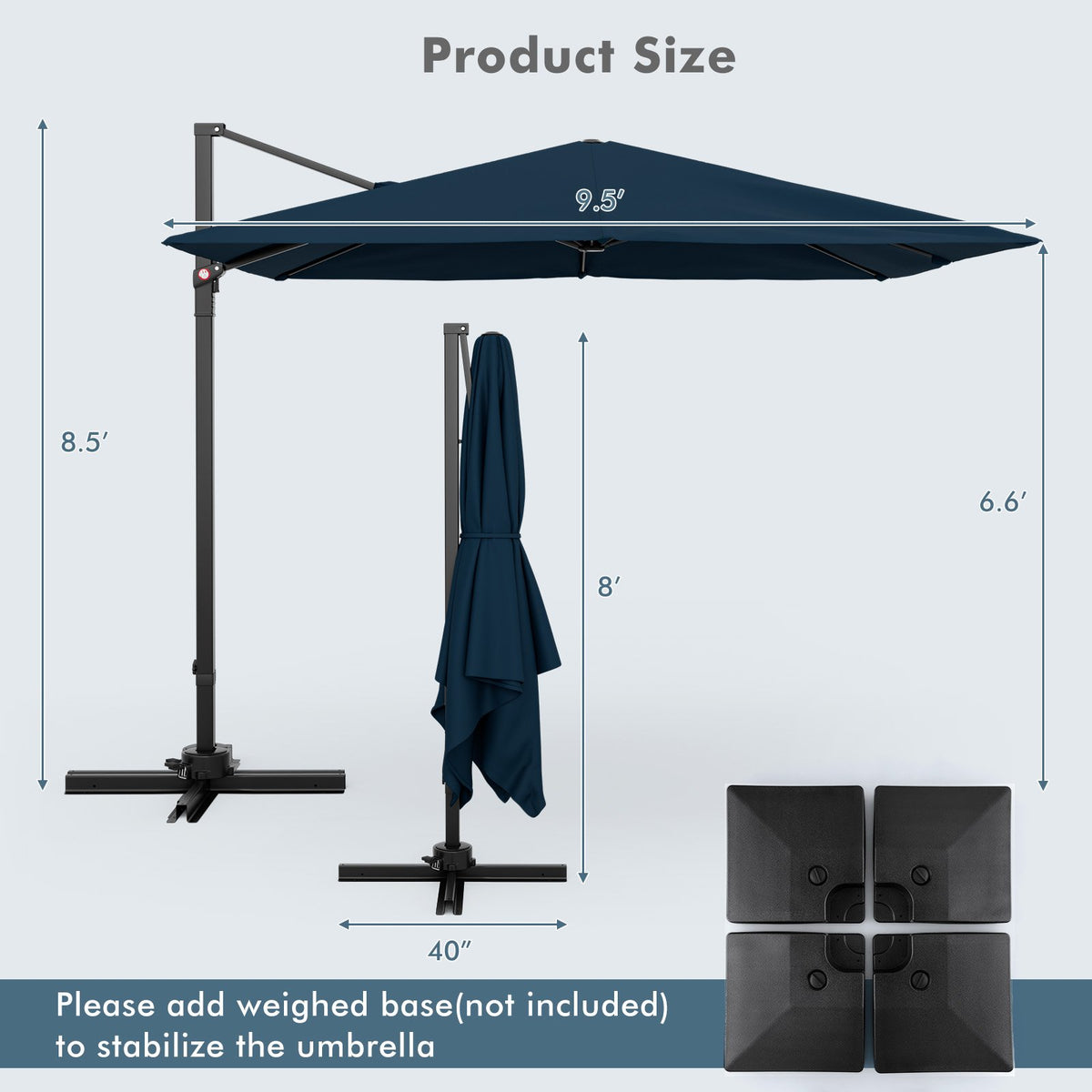 9.5 Feet Square Patio Cantilever Umbrella with 360° Rotation-Navy view 5