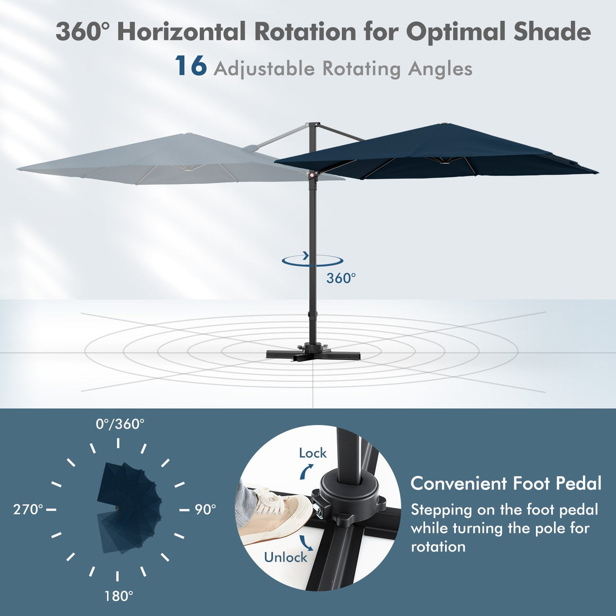 9.5 Feet Square Patio Cantilever Umbrella with 360° Rotation-Navy view 6