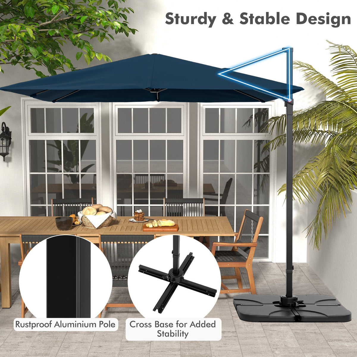 9.5 Feet Square Patio Cantilever Umbrella with 360° Rotation-Navy view 8