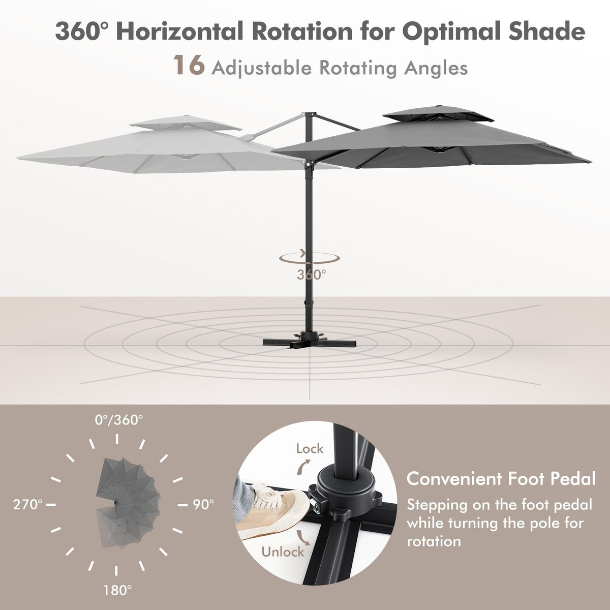 9.5 Feet Cantilever Patio Umbrella with 360° Rotation and Double Top-Gray view 7