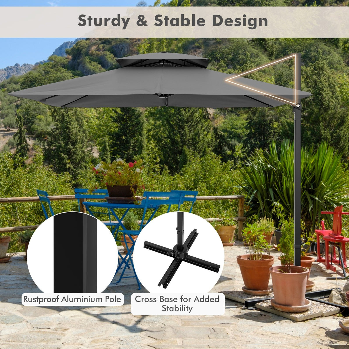 9.5 Feet Cantilever Patio Umbrella with 360° Rotation and Double Top-Gray view 8