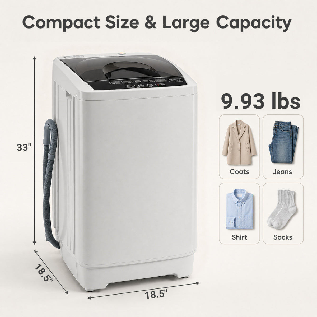 9.93 lbs Full Automatic Washing Machine with 8 Preset Programs-Gray view 3