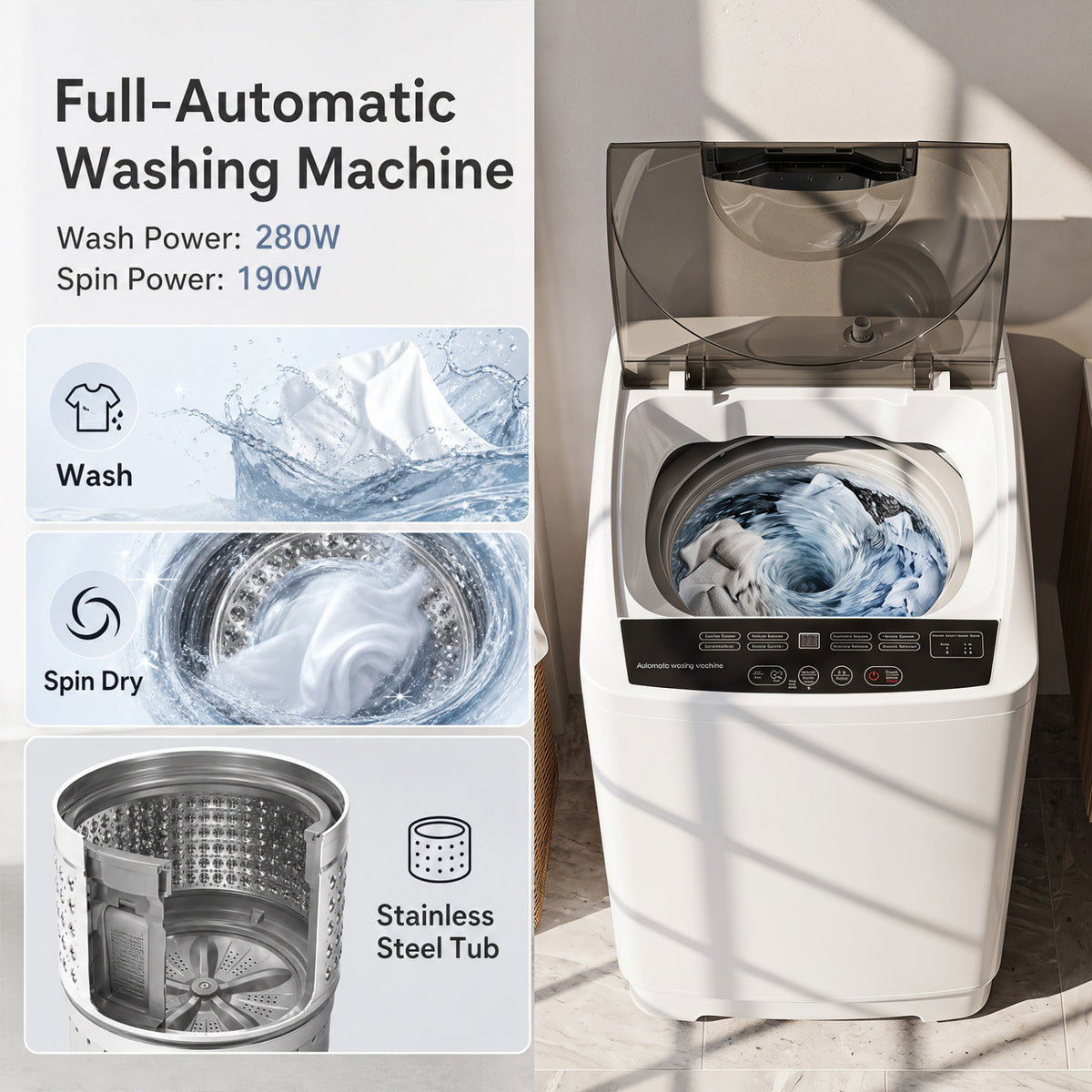 9.93 lbs Full Automatic Washing Machine with 8 Preset Programs-White view 4