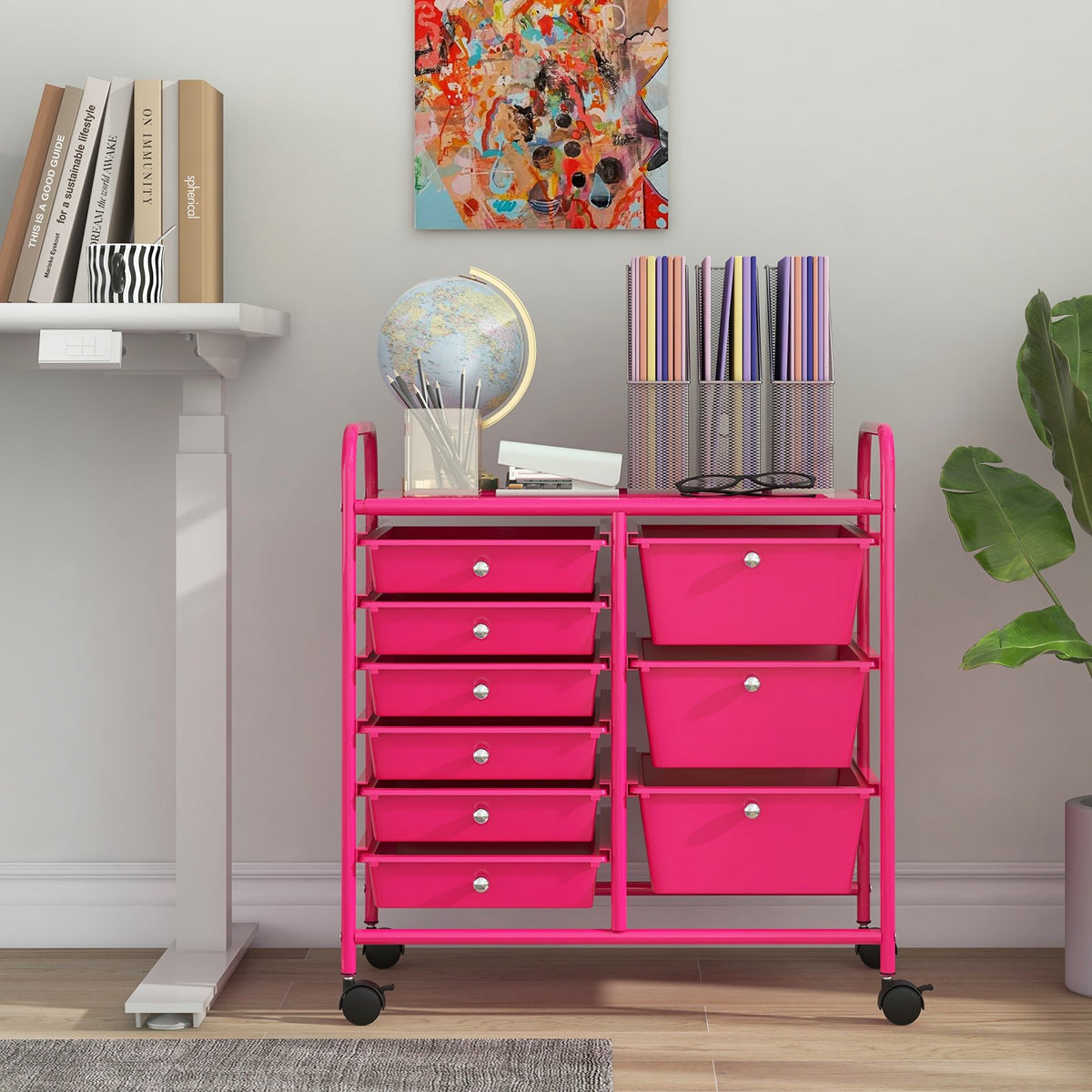 9-Drawer Rolling Storage Cart with Colorful Drawers and Metal Frame-Light Pink view 2