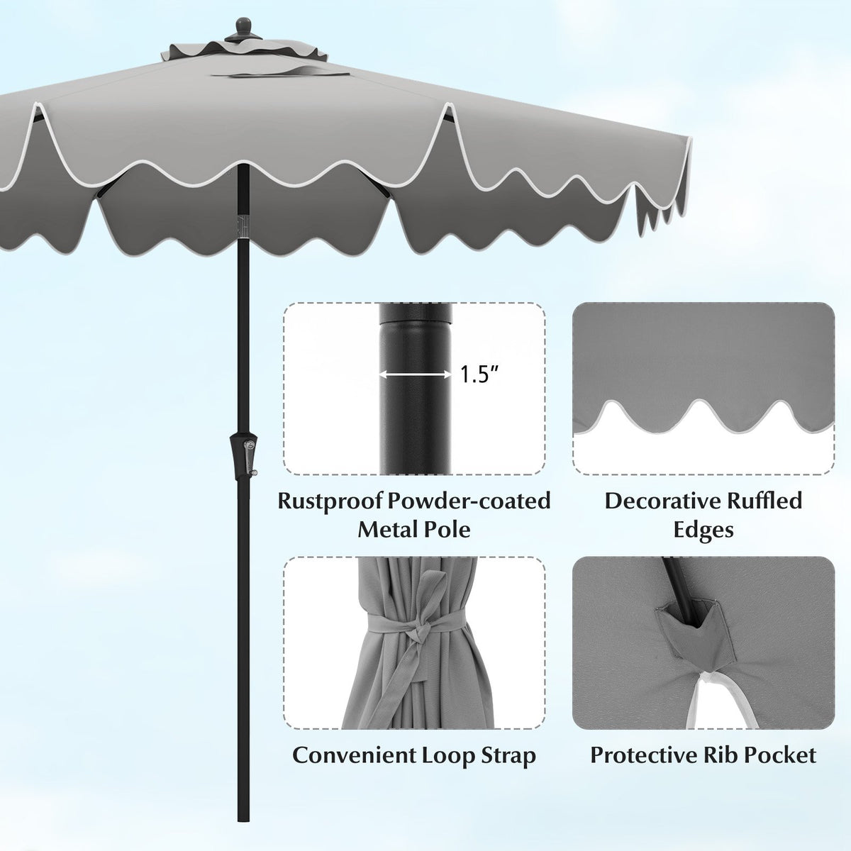 9 Feet Patio Umbrella with Crank Handle and Push Button Tilt-Gray view 9