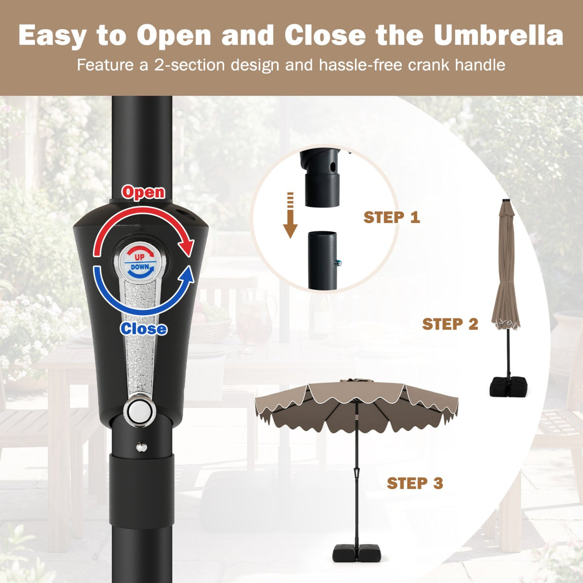 9 Feet Patio Umbrella with Weighted Base and Sandbags-Brown view 9