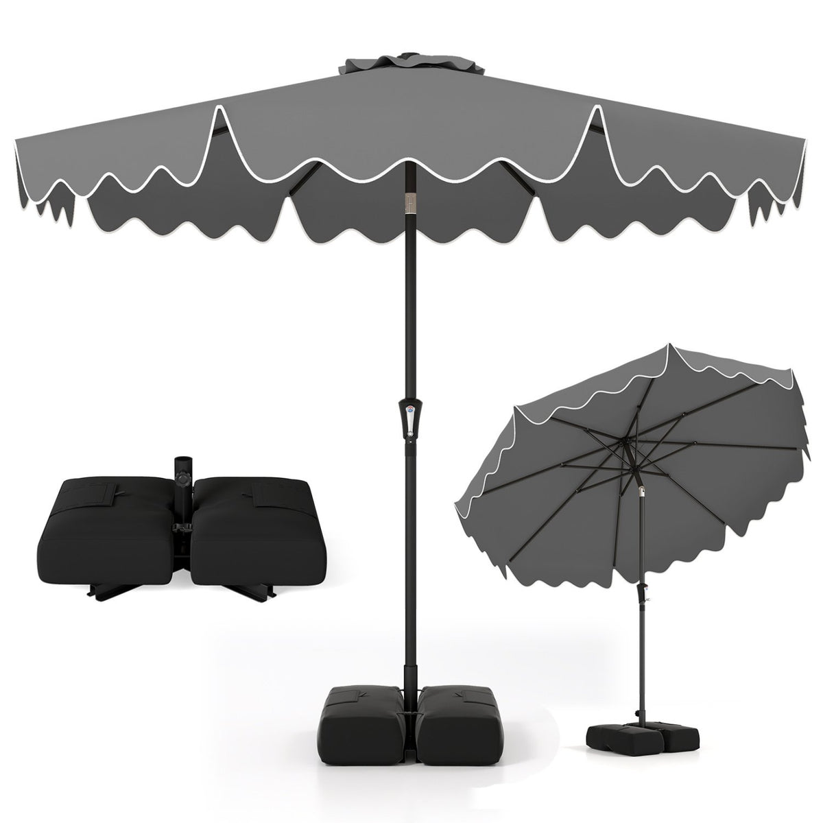9 Feet Patio Umbrella with Weighted Base and Sandbags-Gray