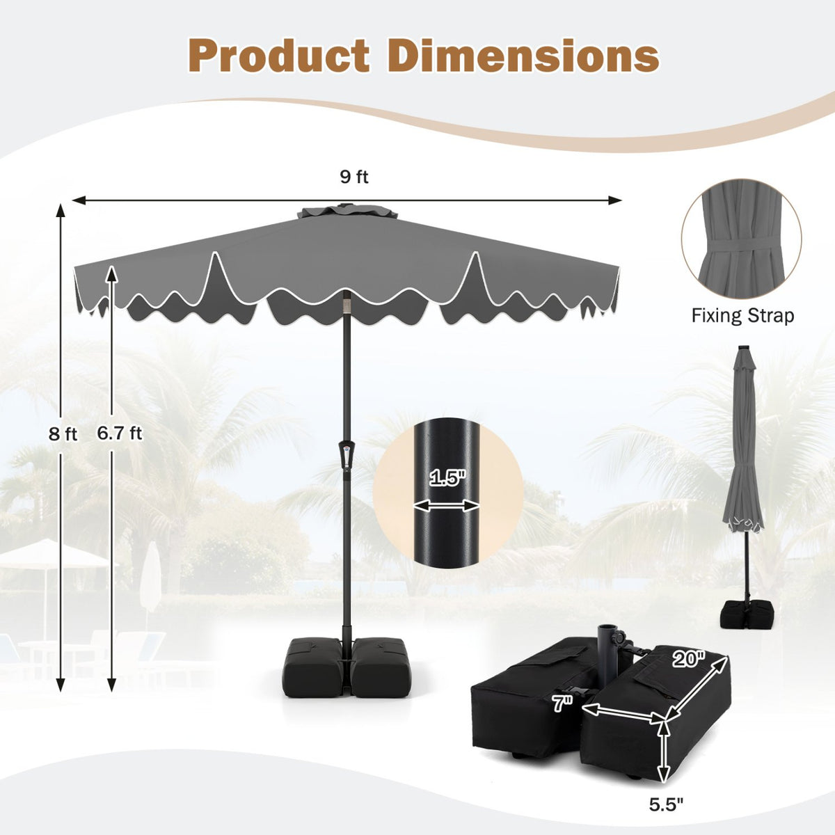 9 Feet Patio Umbrella with Weighted Base and Sandbags-Gray view 4