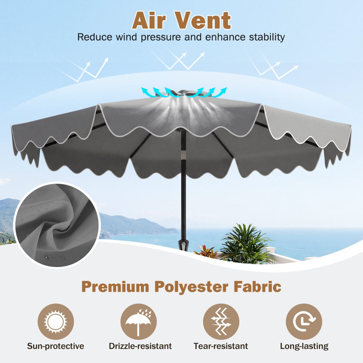9 Feet Patio Umbrella with Weighted Base and Sandbags-Gray view 6