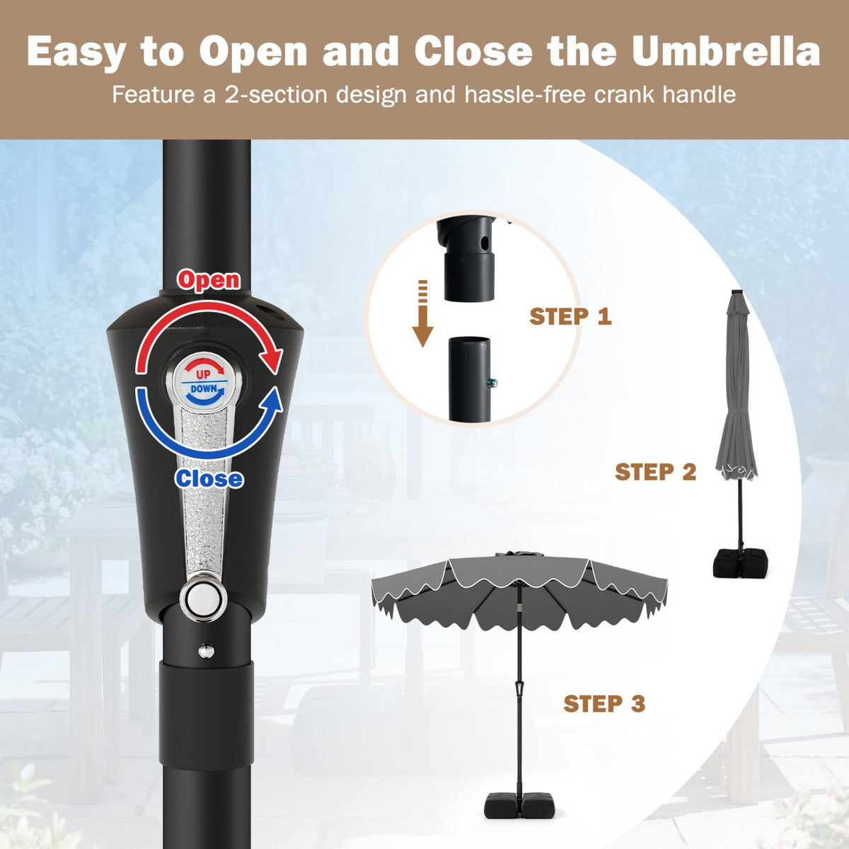 9 Feet Patio Umbrella with Weighted Base and Sandbags-Gray view 8