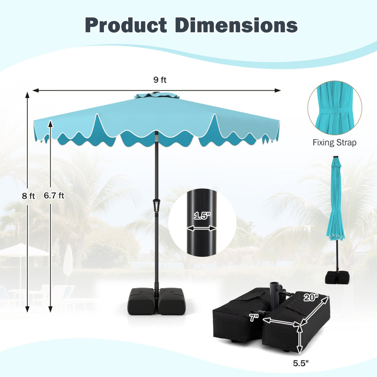 9 Feet Patio Umbrella with Weighted Base and Sandbags-Turquoise view 4