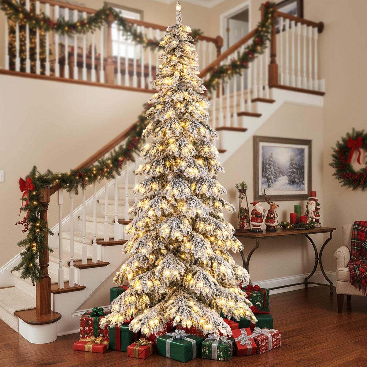 9 Feet Pre-Lit Artificial Xmas Tree Hinged Xmas Tree with Quick Power Connectors view 2