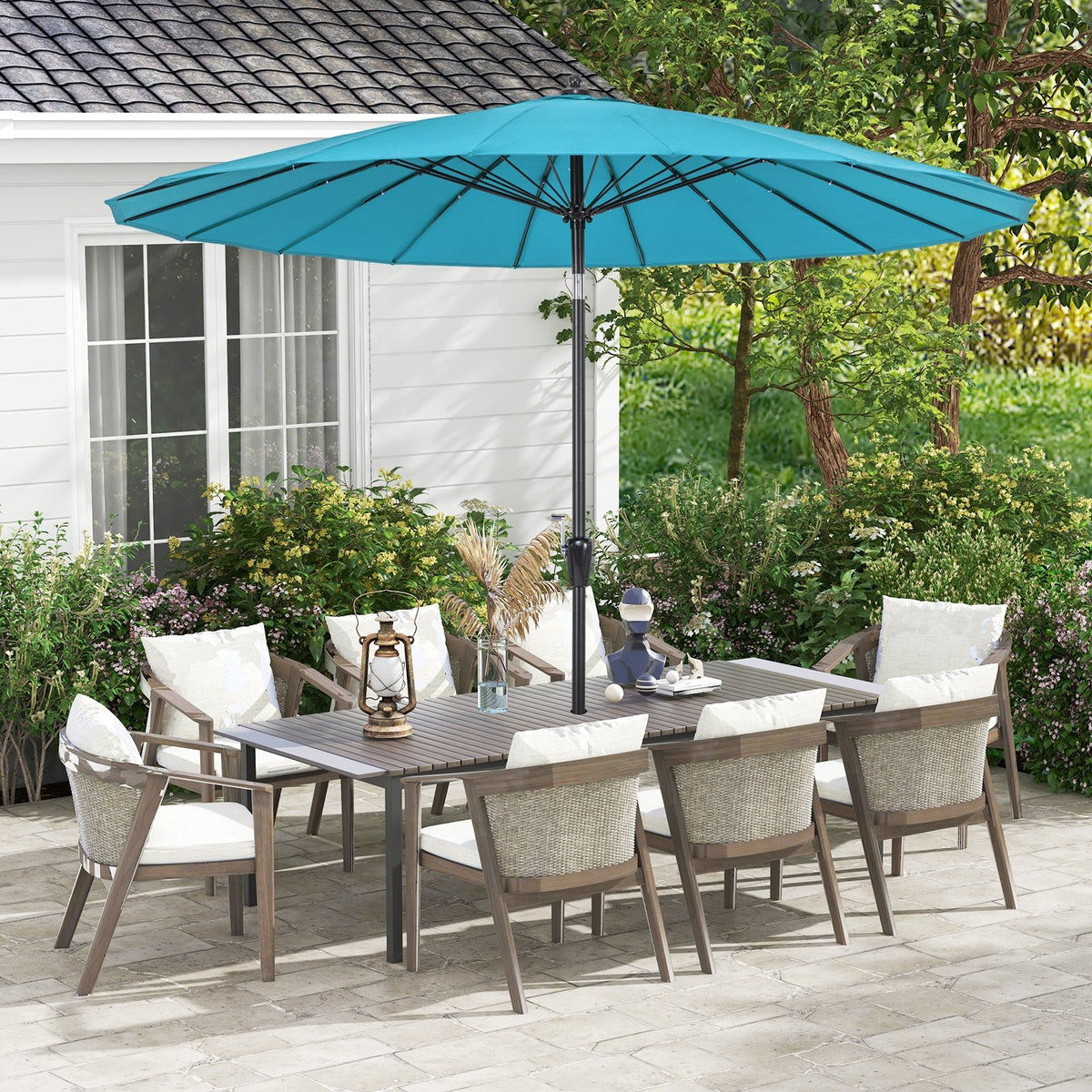 9 Feet Round Patio Umbrella with 18 Fiberglass Ribs-Turquoise view 3