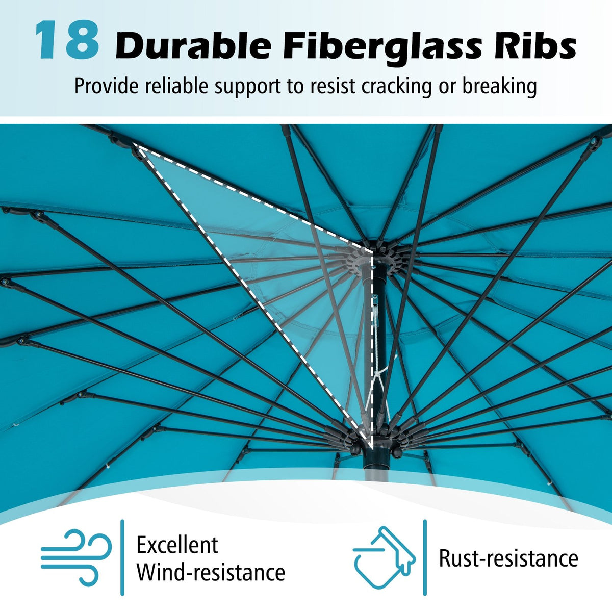 9 Feet Round Patio Umbrella with 18 Fiberglass Ribs-Turquoise view 8