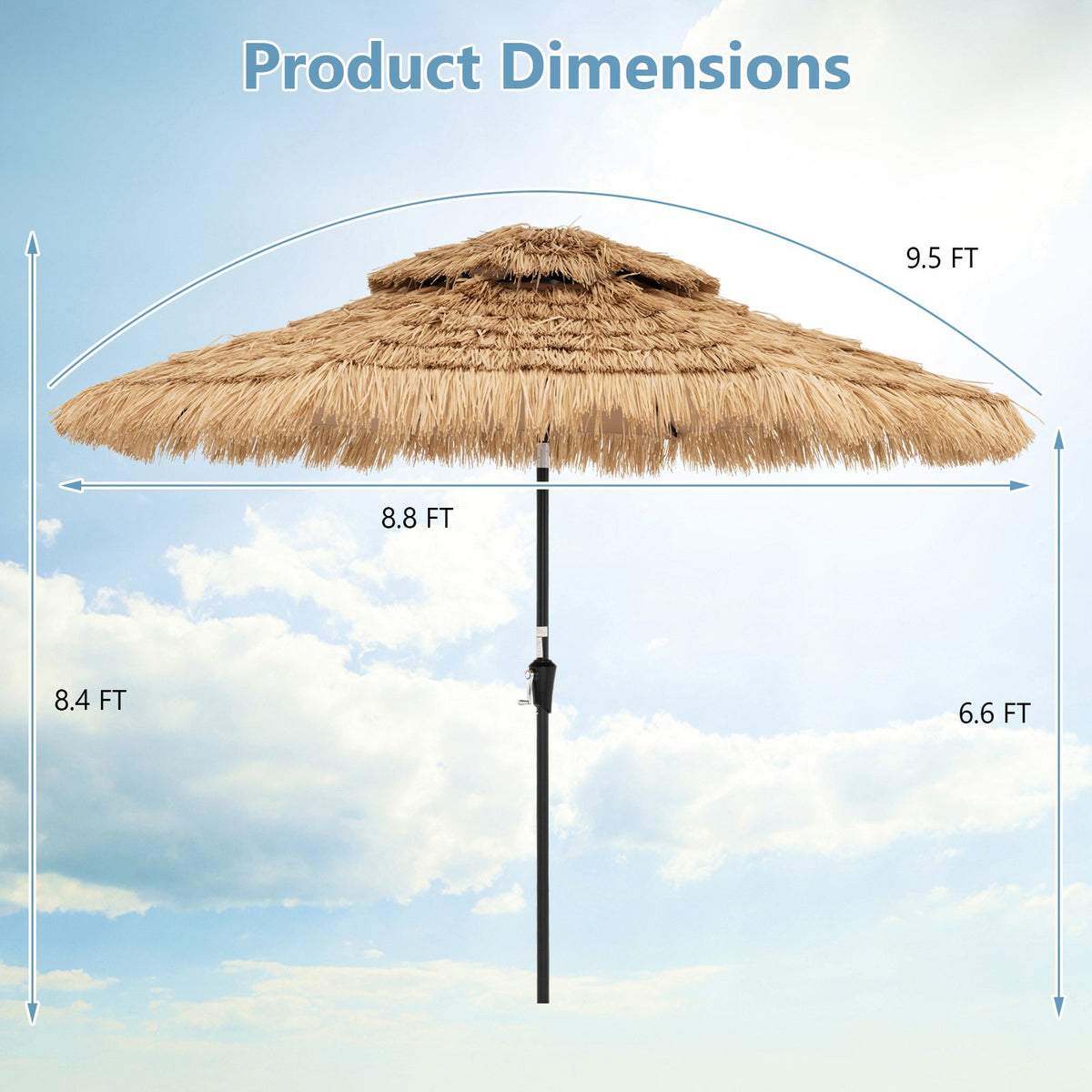 9 Feet Solar Powered Thatched Tiki Patio Umbrella with Led Lights view 5