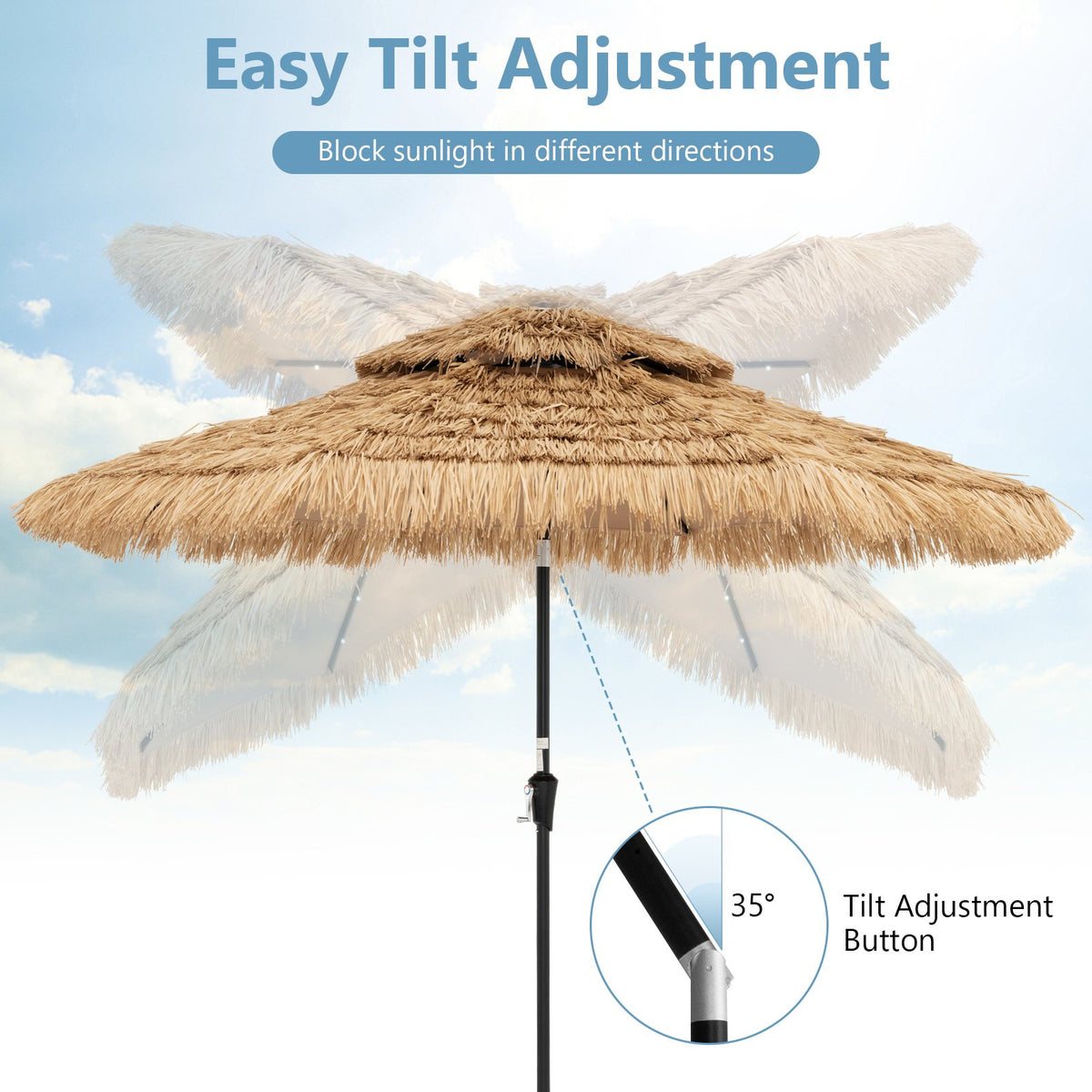 9 Feet Solar Powered Thatched Tiki Patio Umbrella with Led Lights view 7