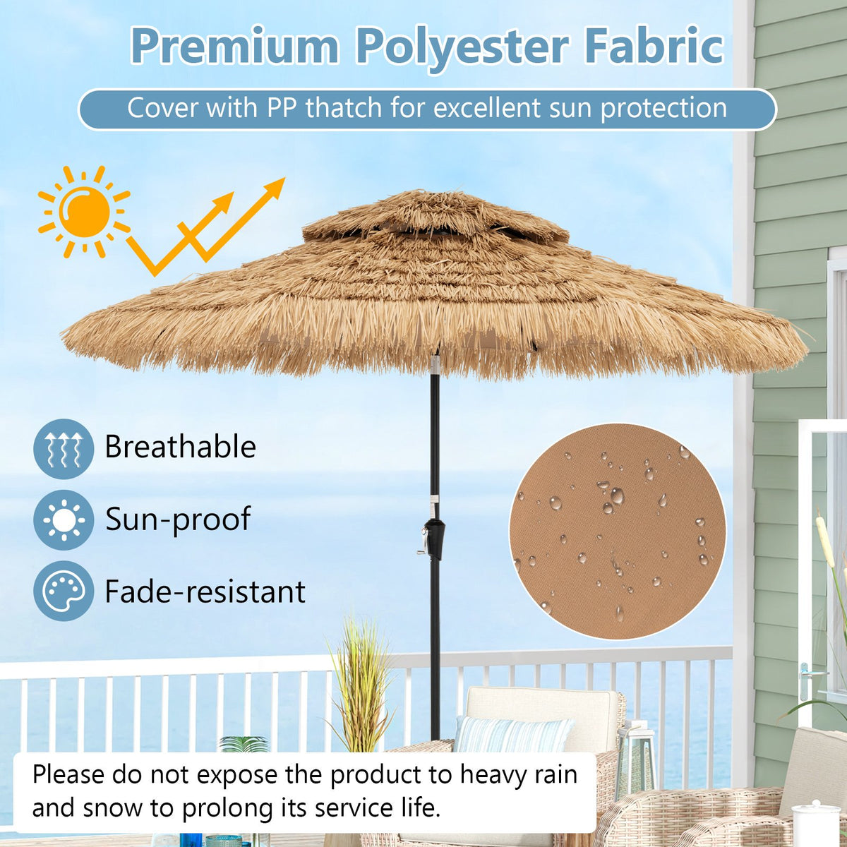 9 Feet Solar Powered Thatched Tiki Patio Umbrella with Led Lights view 8